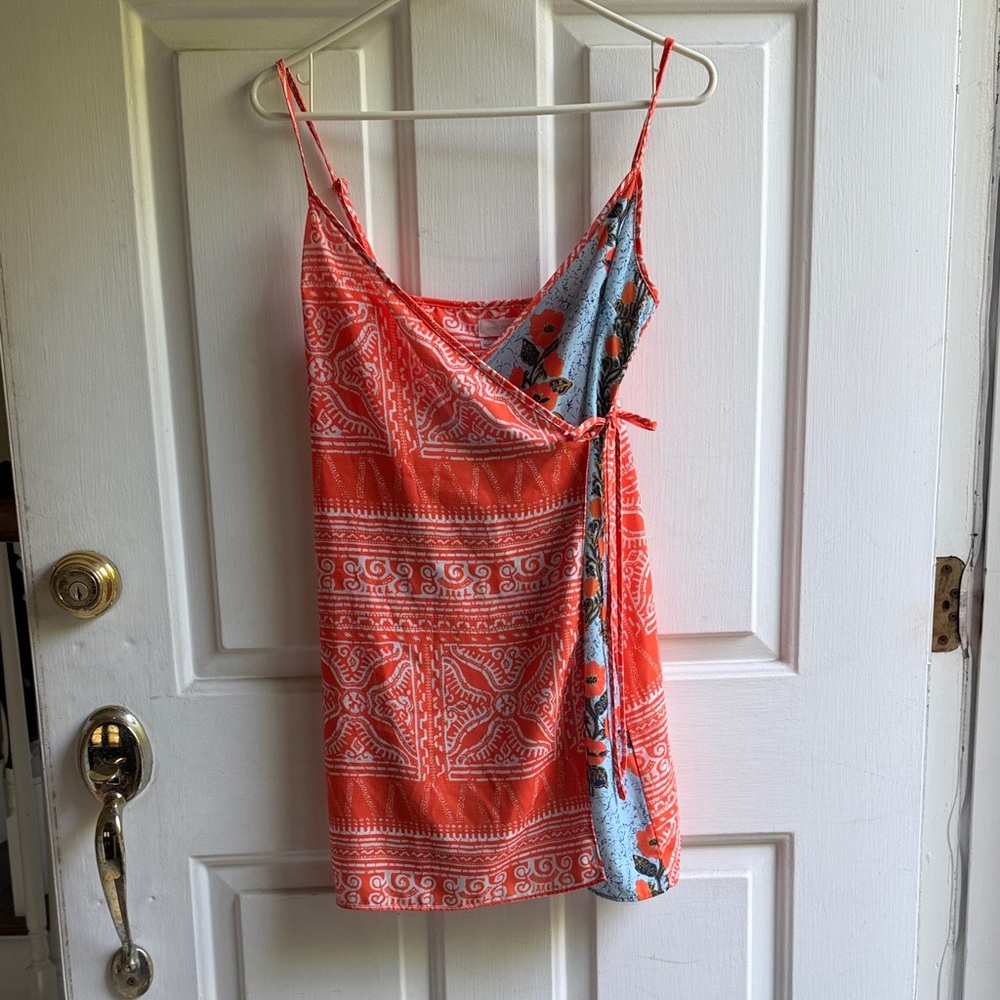 Urban Outfitters Coral Wrap-Style Mini Dress with Blue Floral Panel
